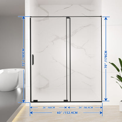 56-60" W x 72" H Semi-Frameless Sliding Shower Door, 5/16"(8mm) Clear SCGG Tempered Glass, Matte Black Finish, Cut Adjustable Width 4"
