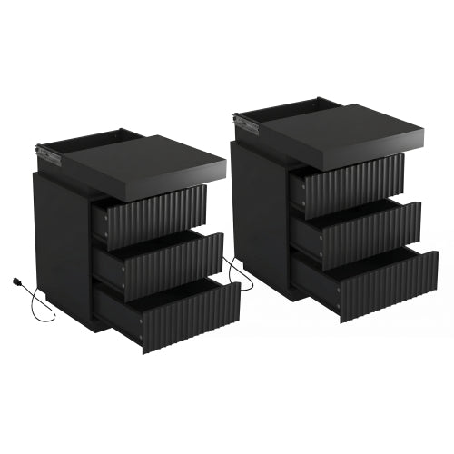 2 Pack Black Nightstand, Sliding Top Charging Station & RGB LED Fluted Drawers