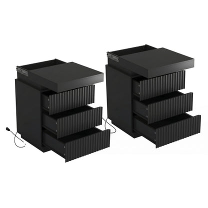 2 Pack Black Nightstand, Sliding Top Charging Station & RGB LED Fluted Drawers