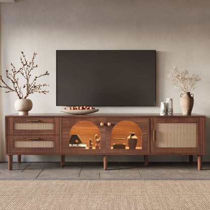 Rattan TV Stand with Drawers Glass Doors and LED Lights for 80 Inch TVs