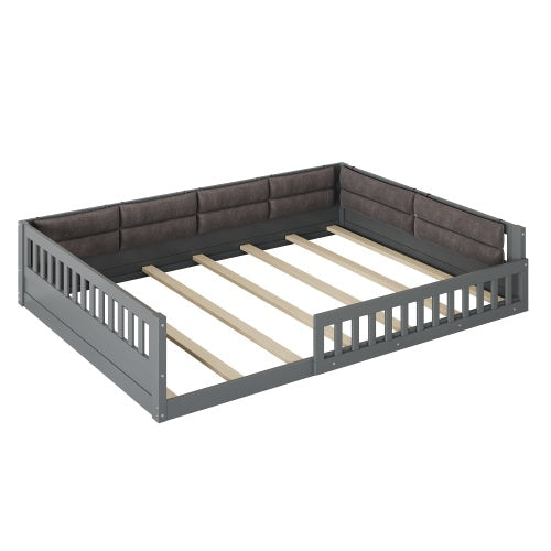 Wood Full Size Upholstered Platform Bed with Guardrail and Pillow, Gray