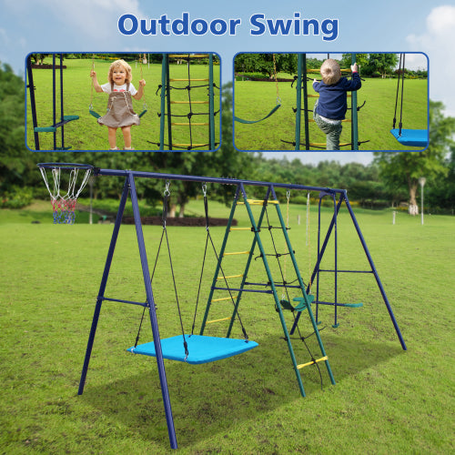 6 in 1 Swing Set With Climbing Ladder, Climbing Net, Glider, Hammock Swing, Belt Swing, Basketball hoop for Backyard