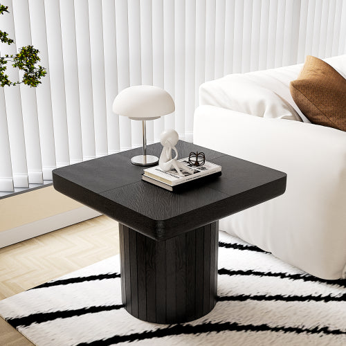23.6inch  Modern Square End Table, Solid Wood Veneer Parquet Top with Grooved Cylindrical Base, Matte Black