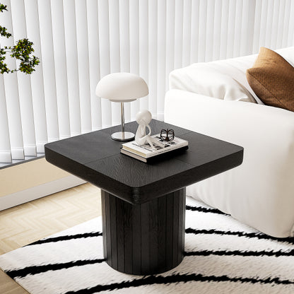 23.6inch  Modern Square End Table, Solid Wood Veneer Parquet Top with Grooved Cylindrical Base, Matte Black
