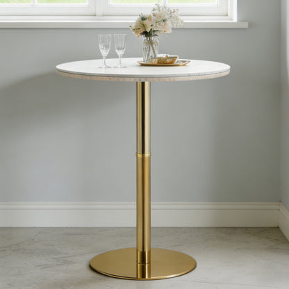 Rock slab circular tabletop non adjustable (39.5 inches high) bar table, bar table with gold legs and base (white+gold)