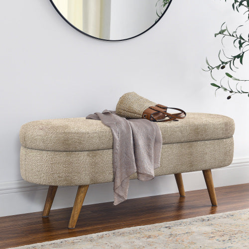 Ottoman Oval Storage Bench,Rubber Wood Legs, Gray (43.5inch x16inch x16inch )Brown