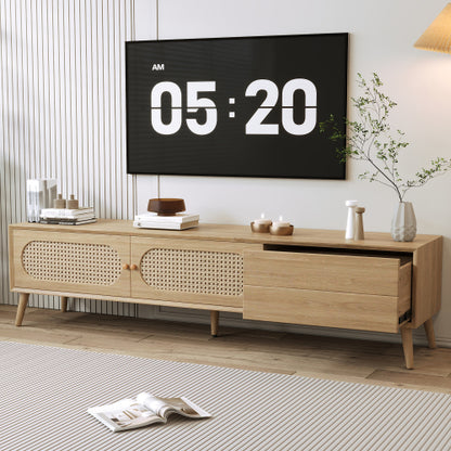 70.8 Inch Natural Wood Boho Rattan Sliding Door TV Stand Solid Wood Legs Holds 80 Inch TV