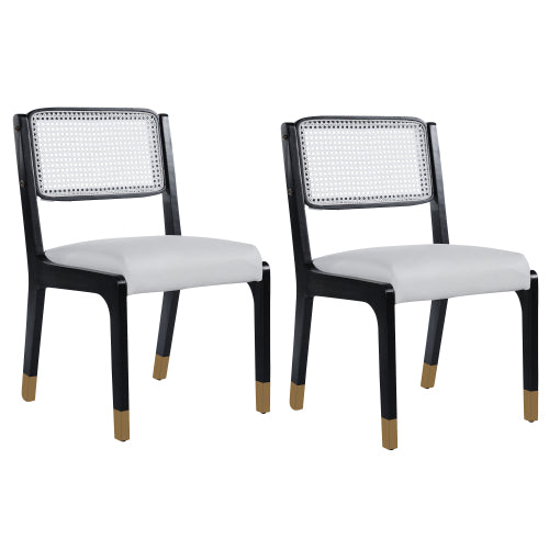Set of 2 Modern Farmhouse Dining Chairs with Rattan Back, PU Leather Seat and Solid Wood Legs, Black