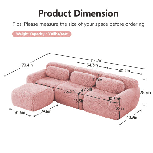 Pink L-Shaped Plush Boneless Modular Sofa, Movable Ottoman, 32D Sponge, No Assembly