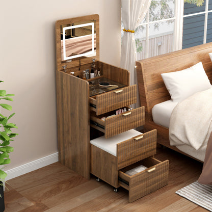 Walnut 3?in?1 Flip?Top Vanity Desk with Rolling Stool, LED Lights & Fluted Drawer