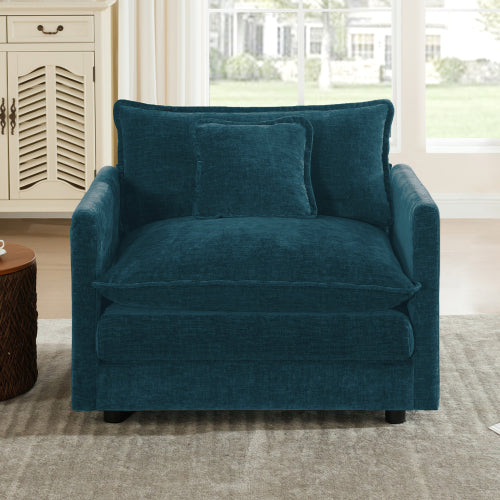 Blue Chenille Deep-Seat Single Reading Armchair with 1 Throw Pillow