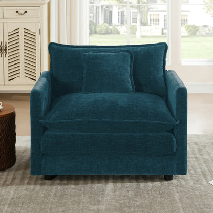 Blue Chenille Deep-Seat Single Reading Armchair with 1 Throw Pillow