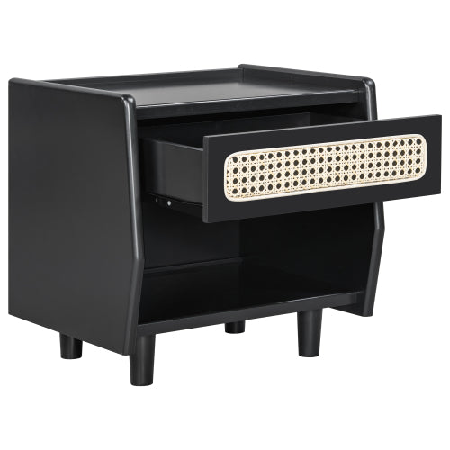 Black Nightstand with Rattan Detail, MDF + Solid Wood, Modern Bedroom Storage, Open Shelf & Drawer, Indoor Furniture
