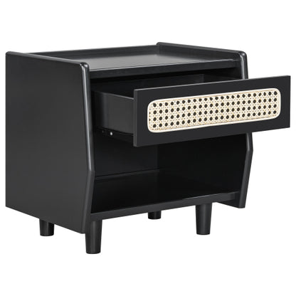 Black Nightstand with Rattan Detail, MDF + Solid Wood, Modern Bedroom Storage, Open Shelf & Drawer, Indoor Furniture