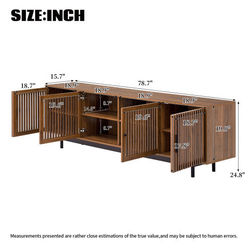 78.7 inch Walnut Slatted Door TV Stand Solid Rubber Wood Leg Media Console Holds 85 inch TV