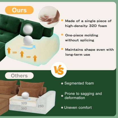 82 inch  Green L-Shaped Corduroy Modular Sofa, Movable Ottoman, No Assembly Required