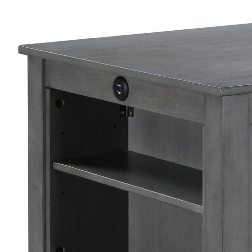 3-Piece Gray Counter Height Dining Set, 36 Inch Table with Shelves, USB Port & 2 Fabric Chairs