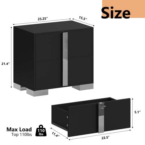 Modern End Table with Drawers, Elegant Nightstand with Metal Foot,Wood Bedside Table with Mirrored Metal Handles,Sofa Side End Table for Bedroom Living Room Office,Black