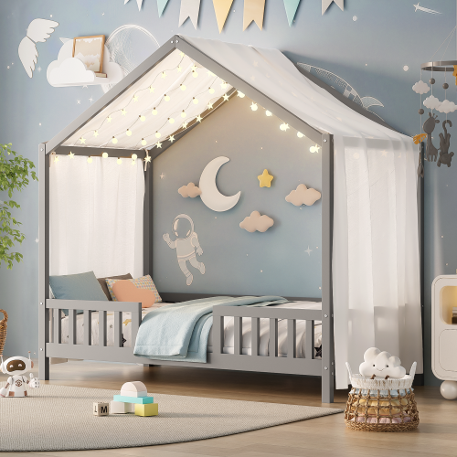 Montessori Floor Bed with Canopy, Twin Bed Frame for Kids, House Shape Toddler Bed Frame with High Railings, Wood Kids Bed with Roof, Kid Twin Bed, Grey