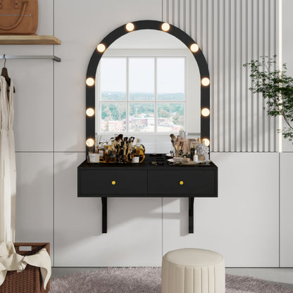 Black Floating Wall Mounted Vanity Desk with LED Mirror, 3 Color Lights, Power Outlet & USB, Large Storage