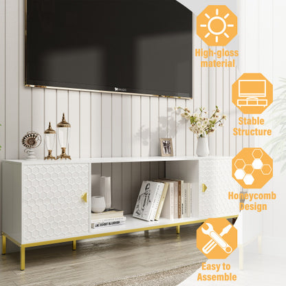 70 Inch White Honeycomb Embossed TV Stand with Golden Tapered Legs (Fireplace Space Reserved)