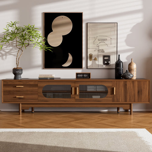 78 inch Modern TV Stand for TVs Up to 85 inch, Fluted Glass Doors Media Console with Drawers