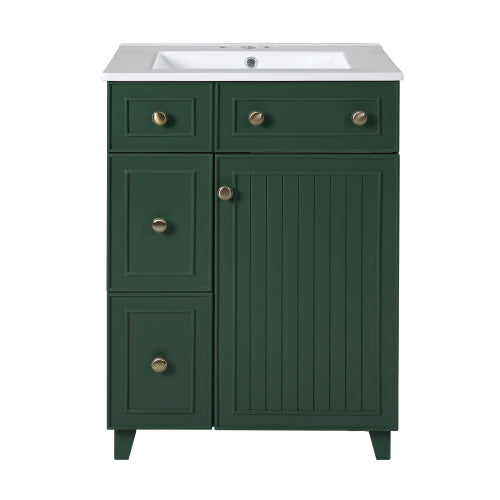 24" Forest Green Bathroom Vanity Cabinet with Ceramic Sink, 2 Drawers, 1 Soft-Close Door