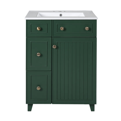 24" Forest Green Bathroom Vanity Cabinet with Ceramic Sink, 2 Drawers, 1 Soft-Close Door