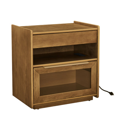 Mid Century Modern Nightstand with Charging Station & Outlet Hole & 2 Drawers, Farmhouse End Table with Open Shelf & Glass Drawer Dresser, Side Cabinet for Living Room Reception Room Dorm-Light Walnut