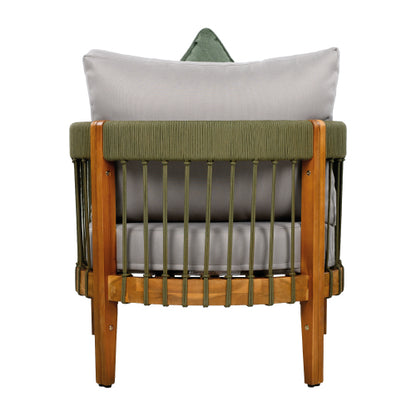 Acacia Wood Outdoor Club Chair with Handwoven Rope Accents & Curved Backrest - Water-Resistant Boho Patio Lounge Chair with Removable Cushions for Porch, Garden