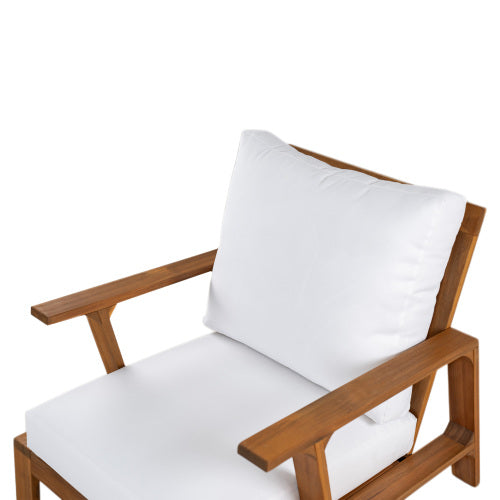 Patio Accent Chair 27.6" Wood Chair Outdoor Lounge Chair for Patios, Gardens, or Balcony, Teak Finish  White Cushion