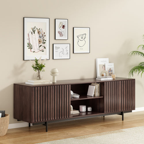 63 Inch Mid Century Farmhouse Fluted Retro Pop-Up Door TV Console for 75 Inch Large TV