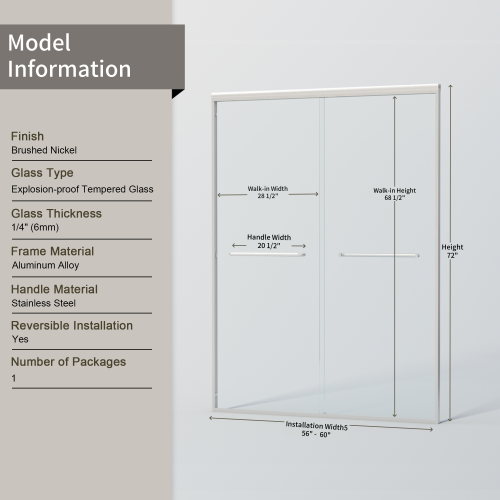 56-60 in. W x 72 in. H Double Sliding Shower Door, Semi-frameless Bypass Bathroom Sliding Door with 1/4" (6mm) Tempered Glass for Walk-in Shower, Brushed Nickel 24D03-60BNX