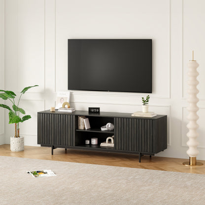 63 Inch Mid Century Fluted Retro Pop-Up Door TV Stand for 75 Inch TV with Removable Storage Shelves