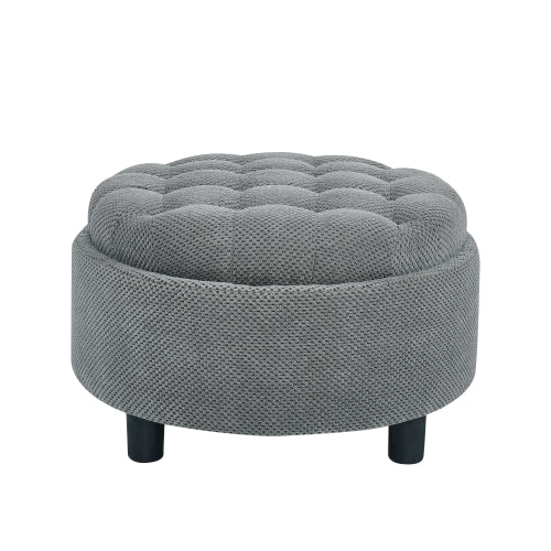 25 Inch Round Storage Ottoman, Light Grey Tufted Fabric