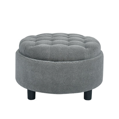 25 Inch Round Storage Ottoman, Light Grey Tufted Fabric