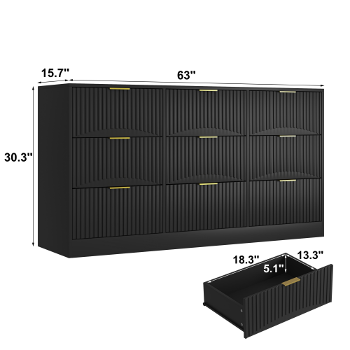 Black 9 Drawer Dresser, 63" Large Deep Chest of Drawers, Wooden Dresser Storage Cabinet with 9 Drawers for Bedroom, Long Dressers for Living Room, Hallway, Drawer panel with wavy patterns