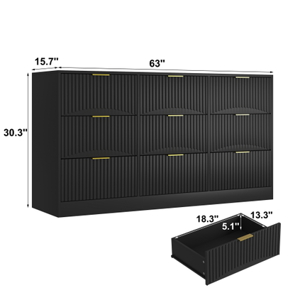 Black 9 Drawer Dresser, 63" Large Deep Chest of Drawers, Wooden Dresser Storage Cabinet with 9 Drawers for Bedroom, Long Dressers for Living Room, Hallway, Drawer panel with wavy patterns