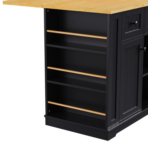 53inch Large Kitchen Island with 2 Bar Stools, Power Outlet,Door Internal Storage Rack, Kitchen Storage Cart on 5 Wheels with Drop Leaf, 5 Open Side Racks, 3 Drawers, for Kitchen,Dining Room,Black
