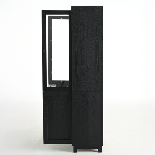 74.5''H Ash Wood Grain Mid-Century Glass Door Display Cabinet Adjustable Shelf Home Storage Cabinet