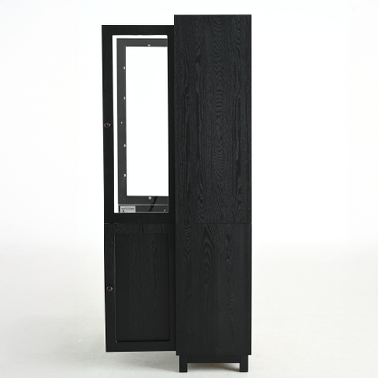 74.5''H Ash Wood Grain Mid-Century Glass Door Display Cabinet Adjustable Shelf Home Storage Cabinet