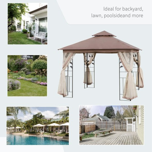 10' x 10' Metal Patio Gazebo, Double Roof Outdoor Gazebo Canopy Shelter with Tree Motifs Corner Frame and Netting, for Garden, Lawn, Backyard, and Deck, Brown