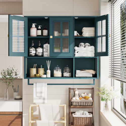 Bathroom Wall Cabinet, 3-Door Wooden Wall Cabinet with Open and Hidden Storage Space, Medicine Cabinet with Glass Door and Towel Bar for Entryway Living Room Bathroom Dining Room,Dark Green