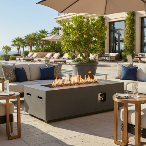 Outdoor Rectangle Propane Fire Pit Table 60inch, 60,000 BTU Concrete Fire Table with Waterproof Cover, Auto-Ignition, Free Lava Rocks,