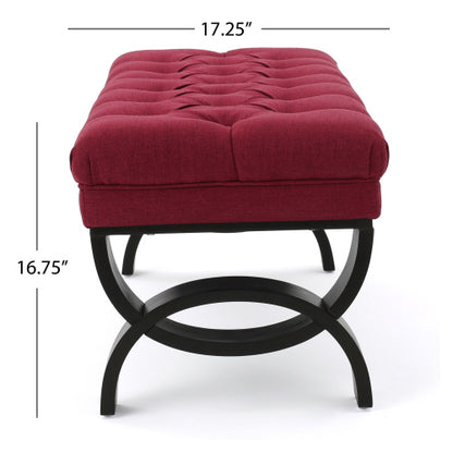 Red Tufted Ottoman Bench with Diamond Stitching and Half Circle Legs