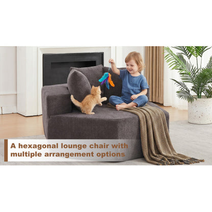 54-Inch Hexagonal Modular Chenille Lounge Chair, Spring-Coil Filling, 3 Pillows, Non-Slip Bottom for Game-Room Living-Room