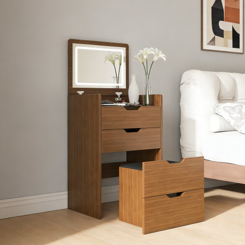 Walnut 3-in-1 Vanity Desk with Lighted Mirror & Stool, Flip Top Makeup Table, Compact Storage for Bedroom