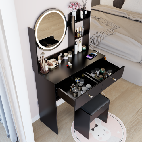 17inch  Round LED Mirror Vanity Table+Cushioned Stool, Equipped With 2 AC+2 USB Power Socket, Big Mirror, Touch Switch, 3 Colors, Adjustable Brightness, Large Desktop, Multi-layer High Capacity Storage
