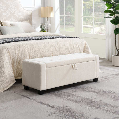 48 inch Chenille Storage Ottoman Bench with Safety Hinge, Beige