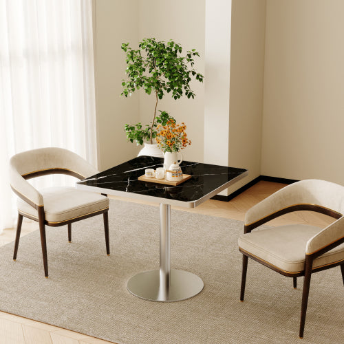 31.5 Inch Square Snow Mountain Stone Dining Table, Modern Tulip Table with Gold Stainless Steel Support Base